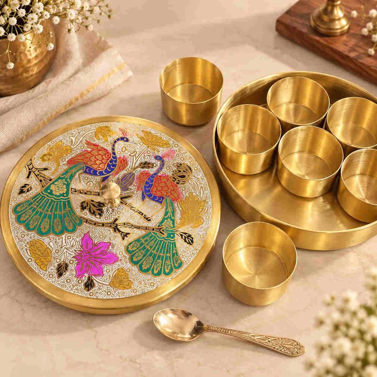 PEACOCK BRASS MASALA BOX ROYAL BRASS PEACOCK SPICE BOX - Image 1